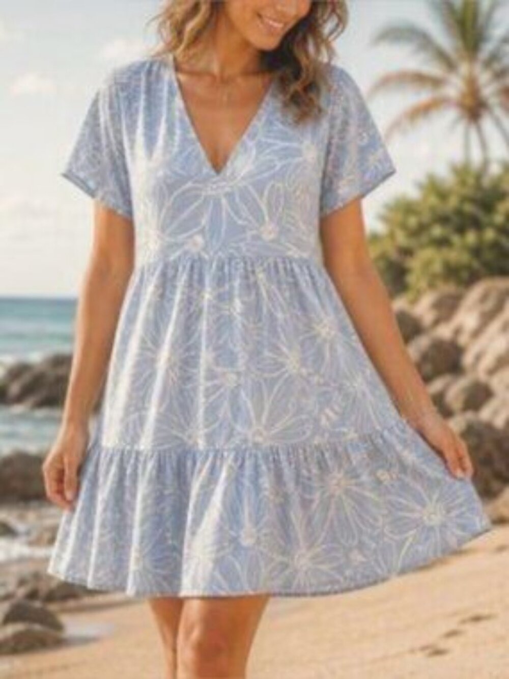 Women's Blue Floral Tiered Short Sleeve V-Neck Mini Dress